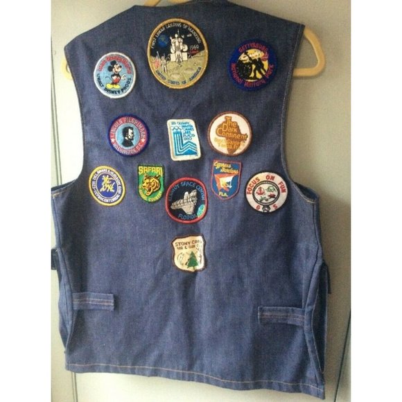 Men's Denim Vest Jean travel patches Disney NASA Railroad Larry Pockets - Picture 5 of 8
